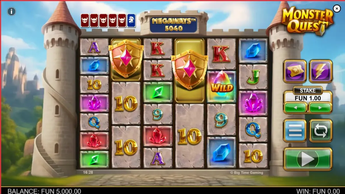 Cavaleiro medieval enfrentando um dragão em um cenário de castelo no slot Monster Quest