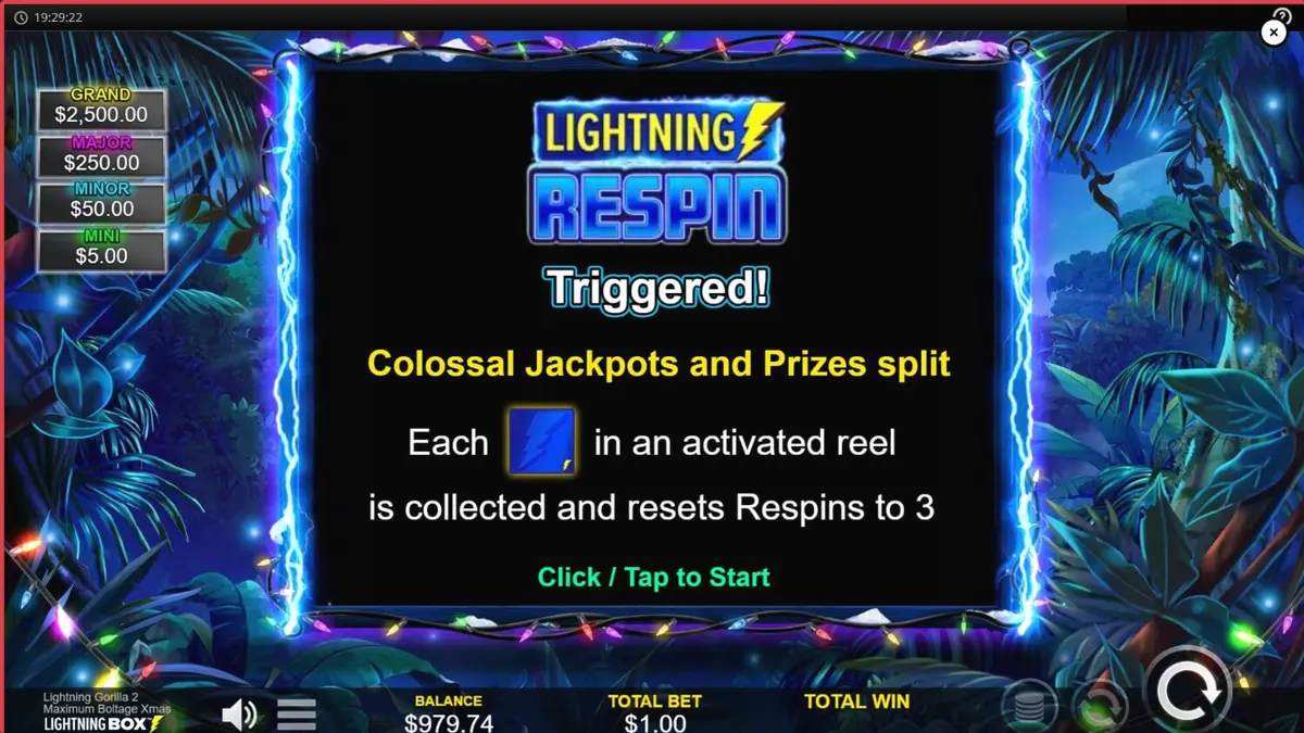 Visual festivo e tropical do slot Lightning Gorilla 2 Xmas com animais da selva e luzes de Natal