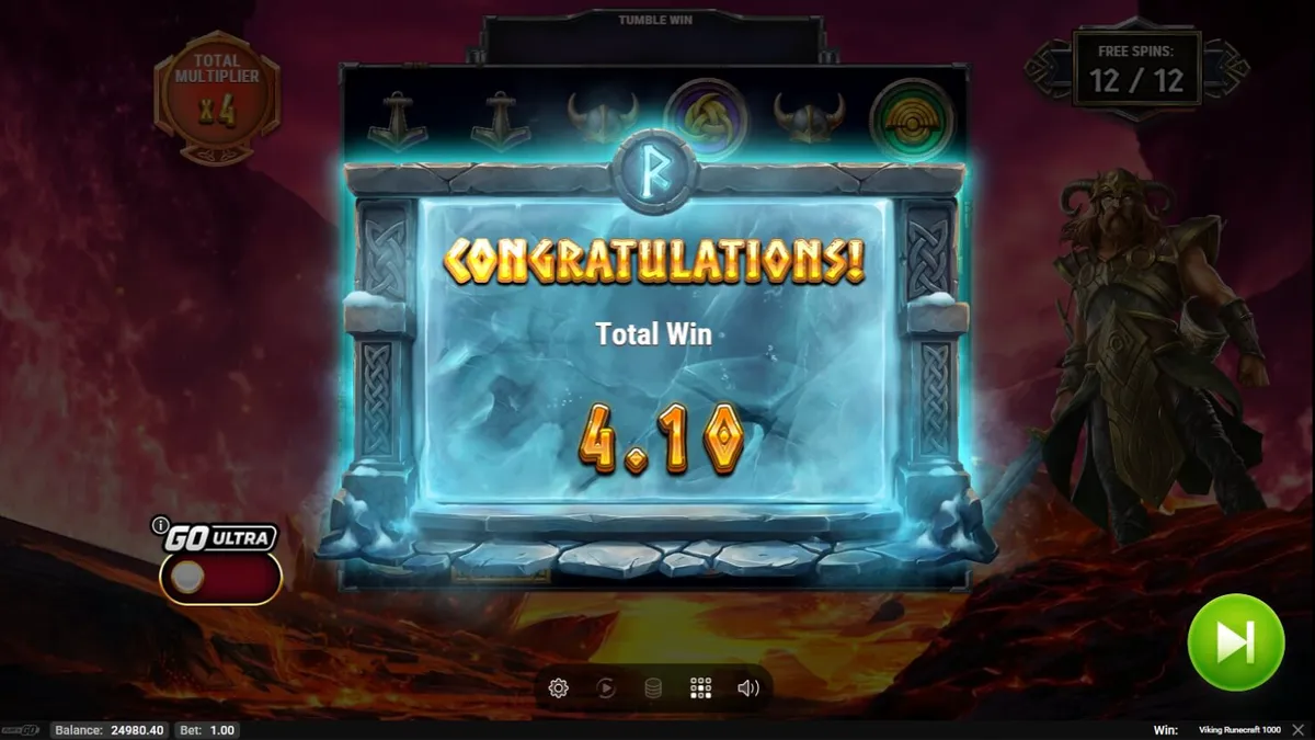 Interface do jogo Viking Runecraft 1000 com deuses nórdicos e símbolos rúnicos